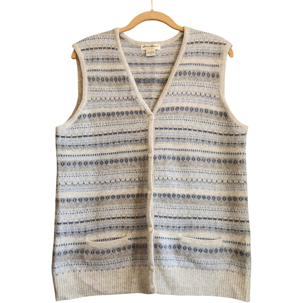 Eddie Bauer Sweater Vest Women 1X Blue Grey Excellent Lambswool Fair Isle Pocket